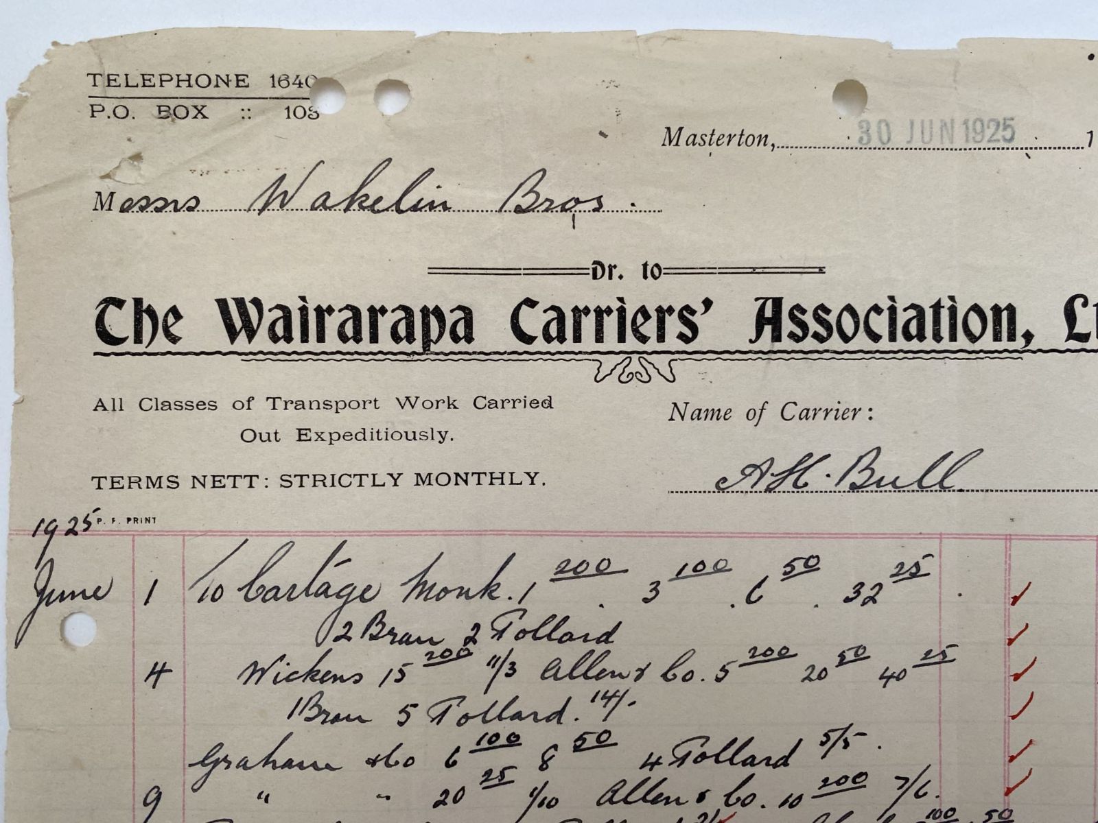 OLD INVOICE / RECEIPT: Wairarapa Carriers' Ass'n Ltd, Masterton 1925