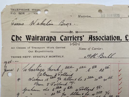OLD INVOICE / RECEIPT: Wairarapa Carriers' Ass'n Ltd, Masterton 1925 