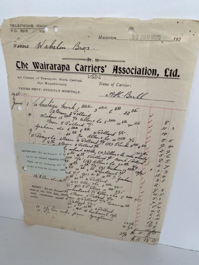 OLD INVOICE / RECEIPT: Wairarapa Carriers' Ass'n Ltd, Masterton 1925