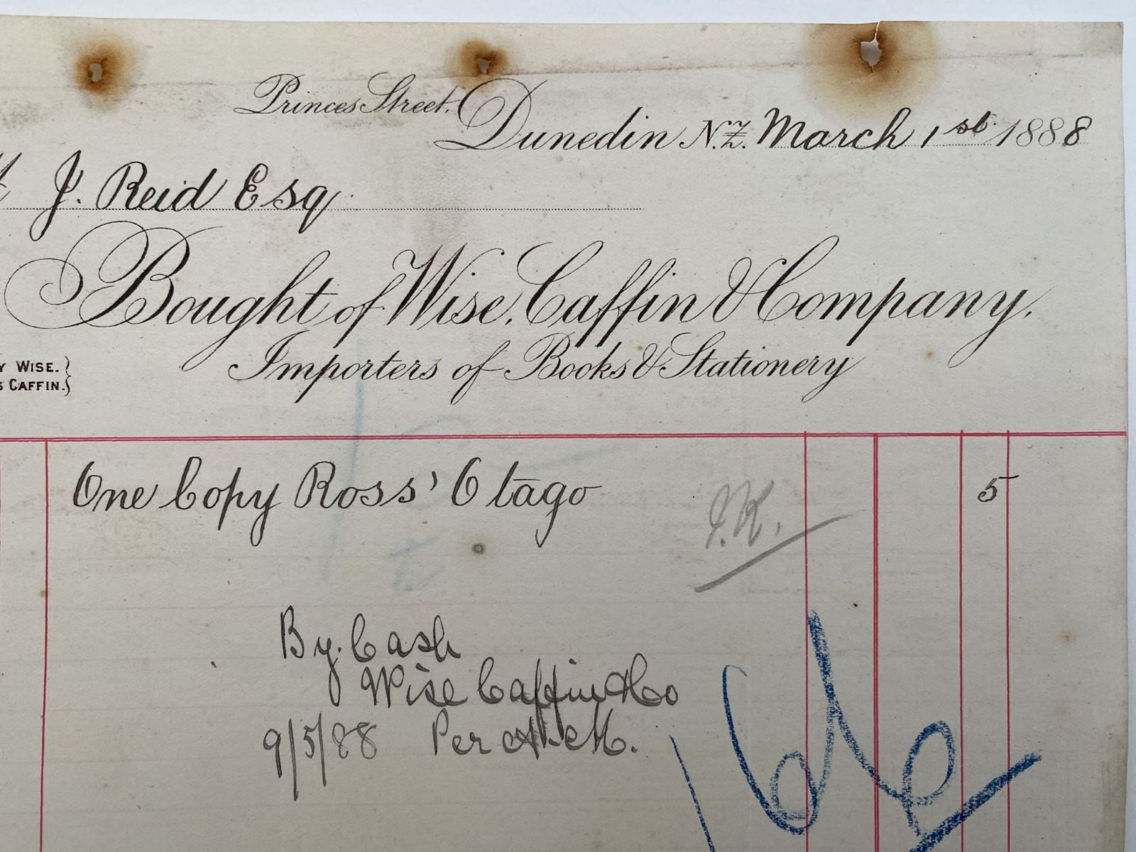 ANTIQUE INVOICE / RECEIPT: Wise, Caffin & Company, Dunedin 1888