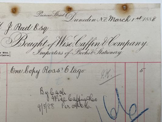 ANTIQUE INVOICE / RECEIPT: Wise, Caffin & Company, Dunedin 1888 