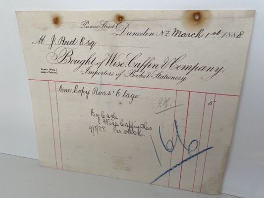 ANTIQUE INVOICE / RECEIPT: Wise, Caffin & Company, Dunedin 1888