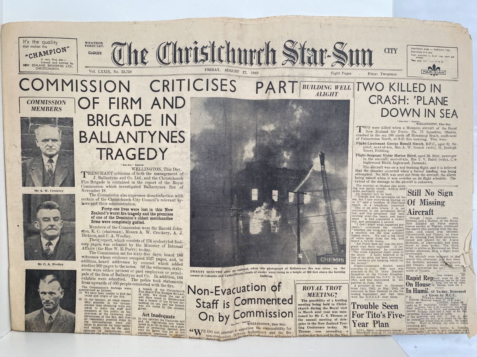 OLD NEWSPAPER: The Christchurch Star-Sun, 27 August 1948 - Ballantynes Fire