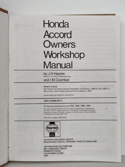 HONDA ACCORD - all models 1976 to 1984 Owners Workshop Manual