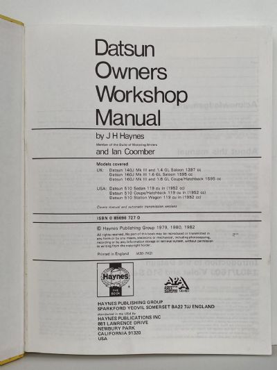 DATSUN VIOLET 1978 to 1982 Owners Workshop Manual