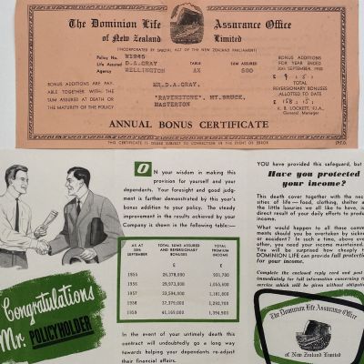 OLD INSURACE POLICY: Dominion Life Assurance Office of New Zealand 1950s 