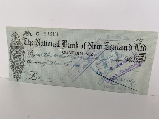 OLD BANKING MEMORABILIA: National Bank of New Zealand cheque 1937