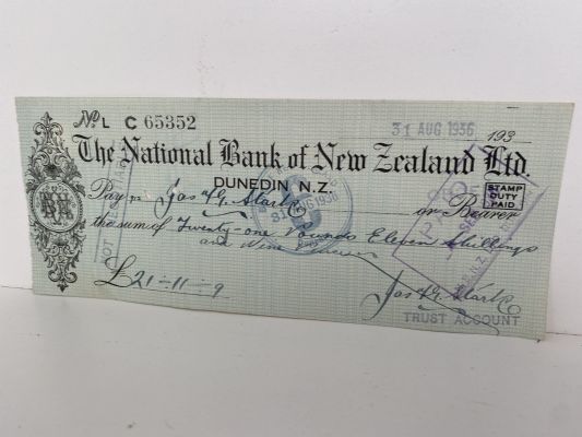 OLD BANKING MEMORABILIA: National Bank of New Zealand cheque 1936