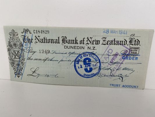 OLD BANKING MEMORABILIA: National Bank of New Zealand cheque 1941