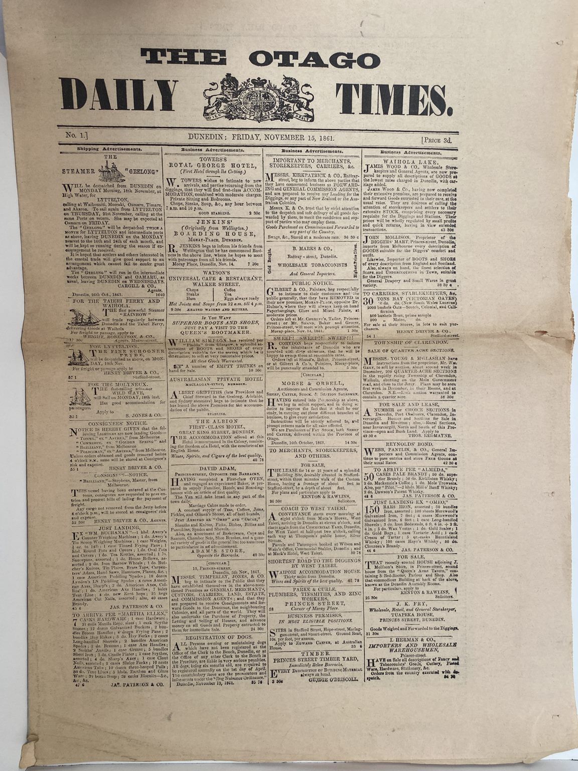 Old Newspaper The Otago Daily Times 1861 The Very First Edition 