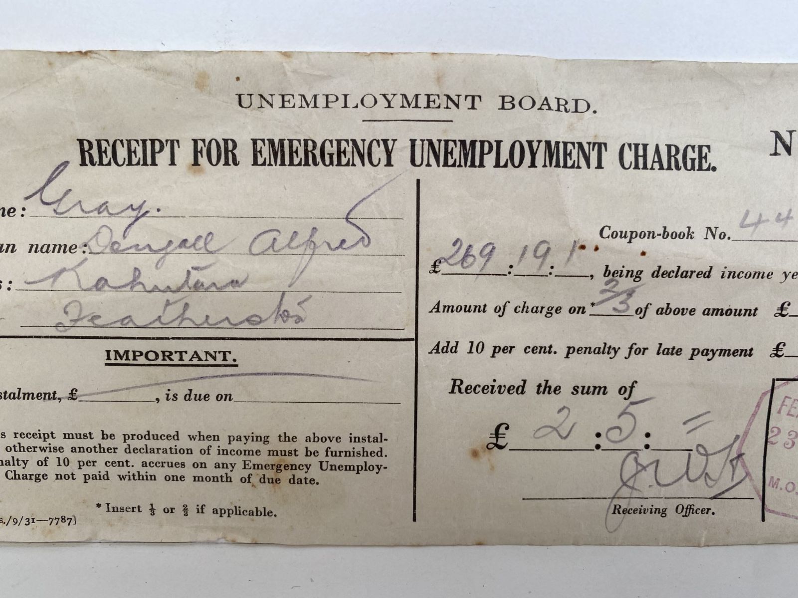 OLD RECEIPT: Issued by Unemployment Board for Emergency Unemployment Charge 1931