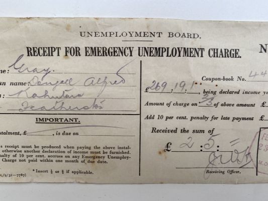 OLD RECEIPT: Issued by Unemployment Board for Emergency Unemployment Charge 1931 