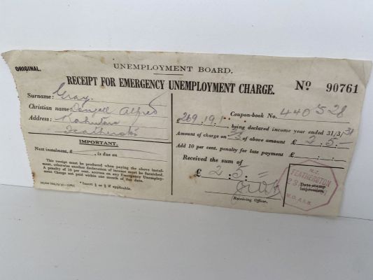 OLD RECEIPT: Issued by Unemployment Board for Emergency Unemployment Charge 1931