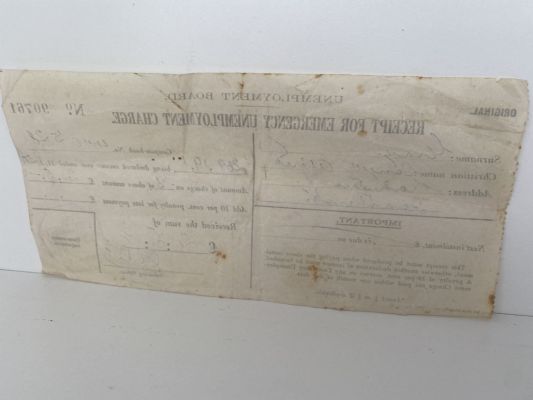 OLD RECEIPT: Issued by Unemployment Board for Emergency Unemployment Charge 1931