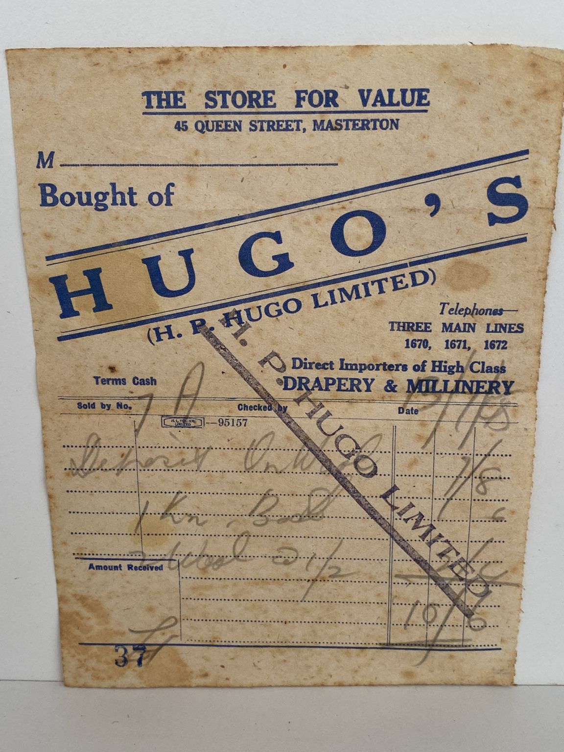 OLD RECEIPT: Hugo's / H. P. Hugo Ltd 1945
