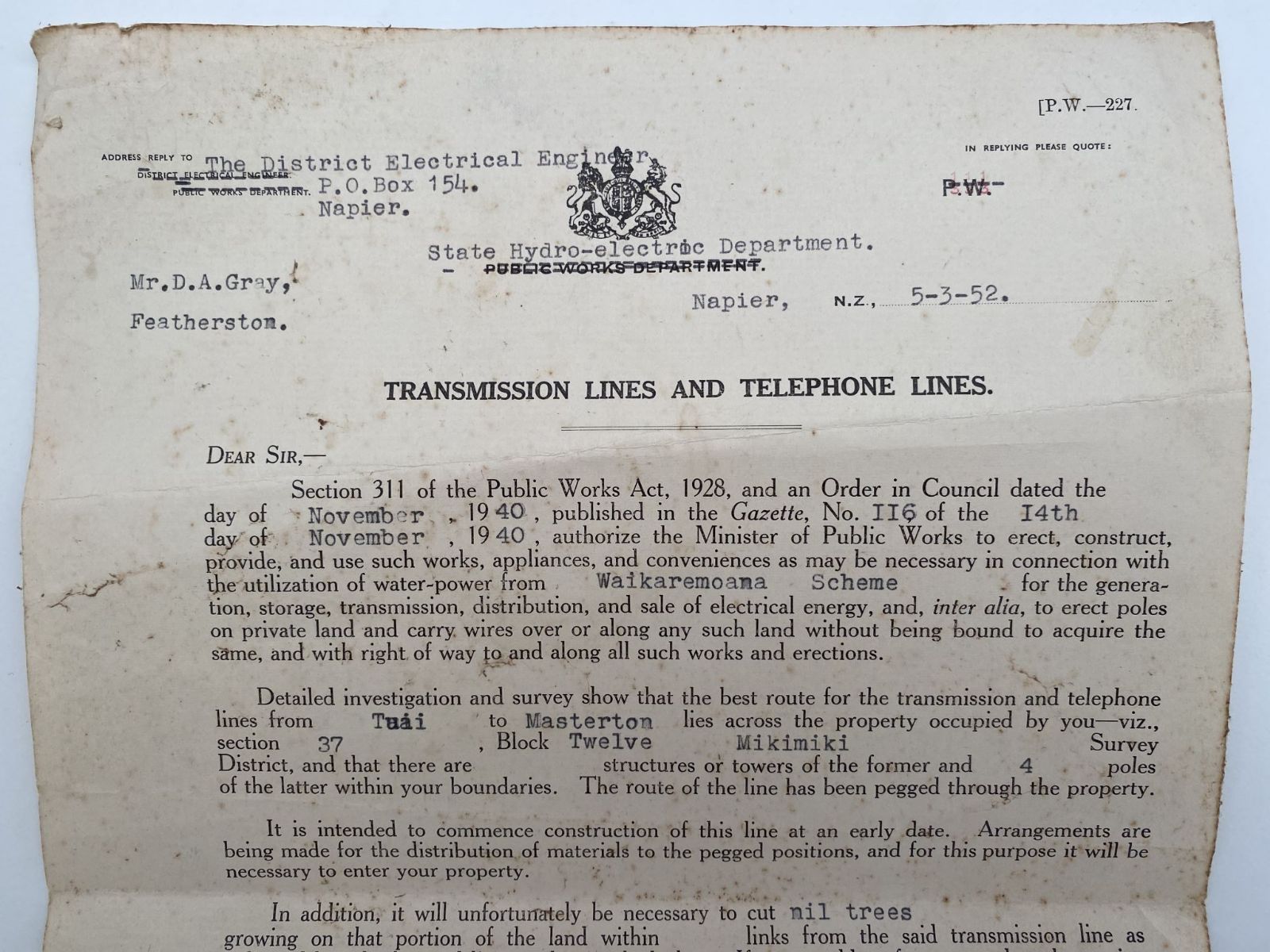 OLD LETTERHEAD: Public Works Department - Transmission and Telephone Lines 1952