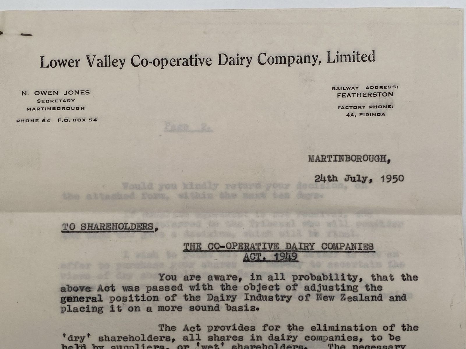 OLD LETTERHEAD: Lower Valley Co-operative Dairy Company Ltd, Featherston 1950