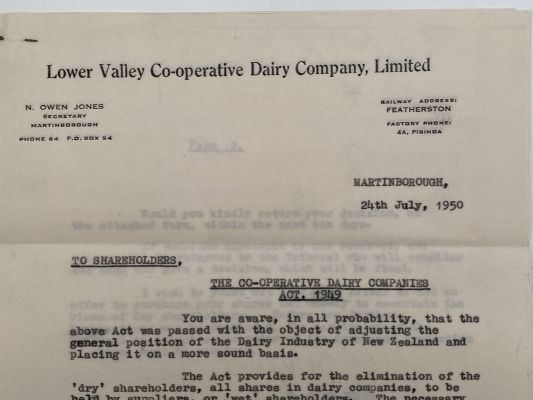 OLD LETTERHEAD: Lower Valley Co-operative Dairy Company Ltd, Featherston 1950 