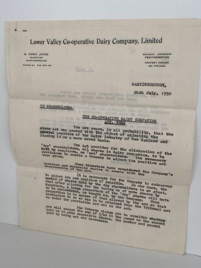 OLD LETTERHEAD: Lower Valley Co-operative Dairy Company Ltd, Featherston 1950