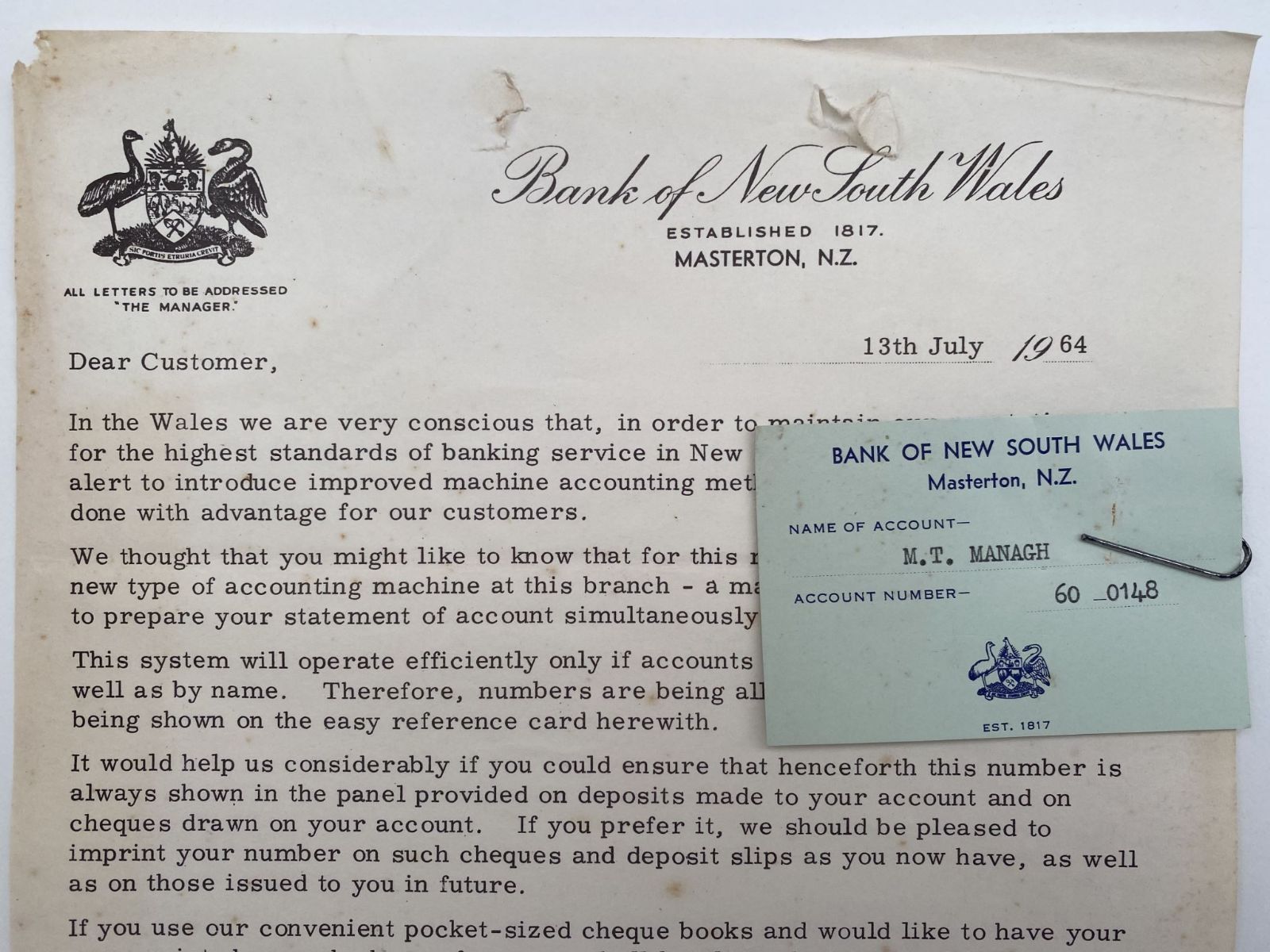 OLD LETTERHEAD: Bank of New South Wales, Masterton 1964