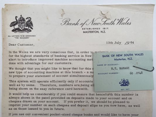 OLD LETTERHEAD: Bank of New South Wales, Masterton 1964 