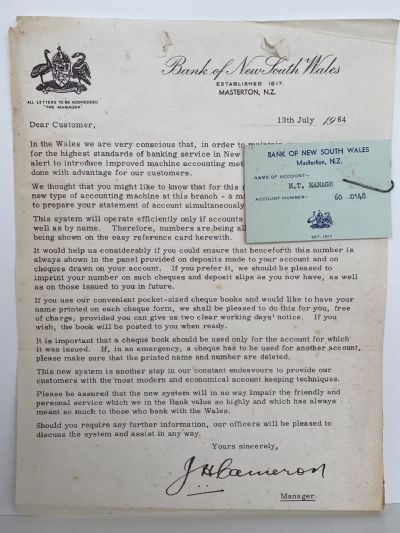 OLD LETTERHEAD: Bank of New South Wales, Masterton 1964