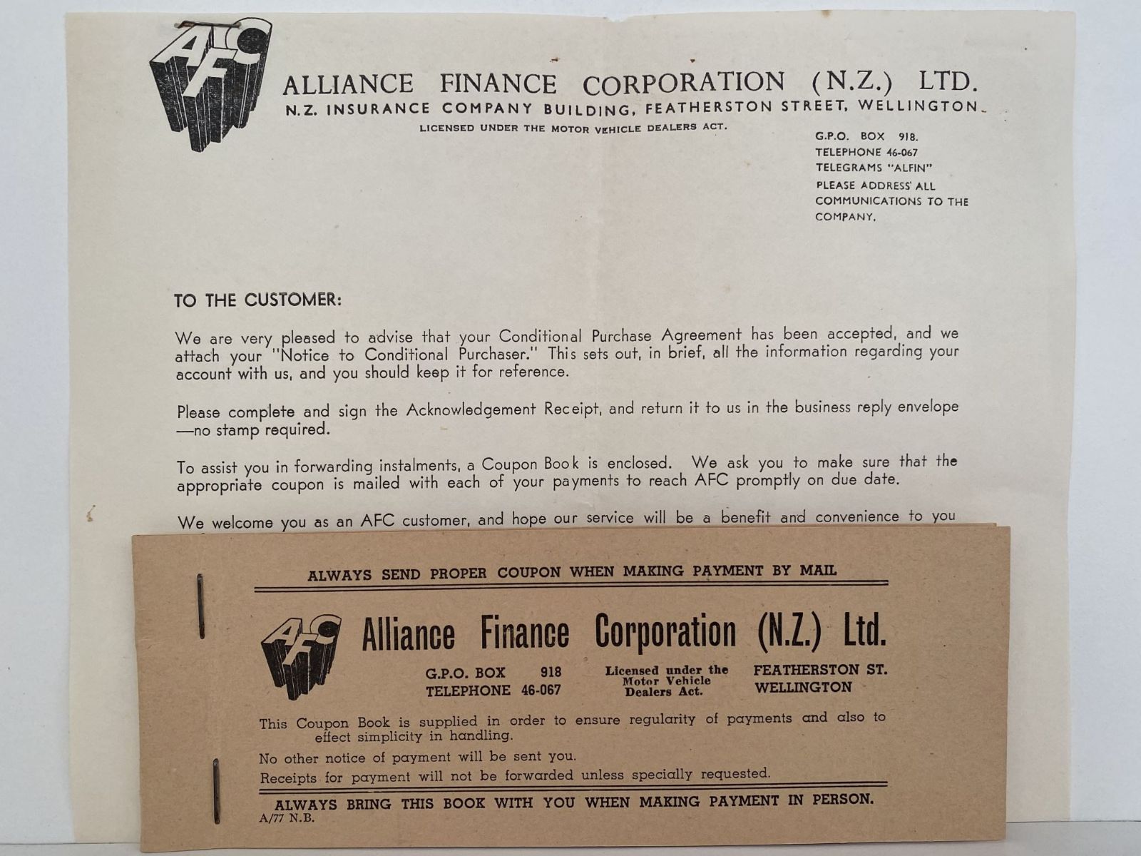 OLD LETTERHEAD + RECEIPT BOOK: Alliance Finance Corporation NZ Ltd