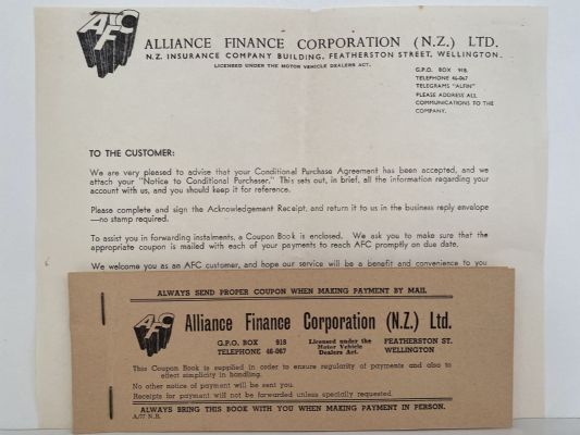 OLD LETTERHEAD + RECEIPT BOOK: Alliance Finance Corporation NZ Ltd 