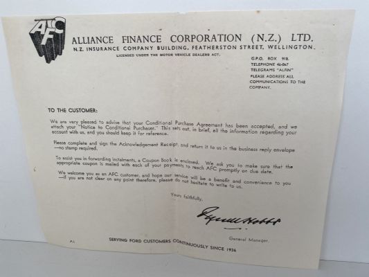 OLD LETTERHEAD + RECEIPT BOOK: Alliance Finance Corporation NZ Ltd