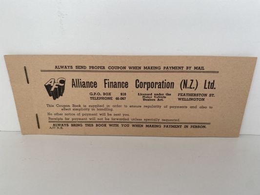 OLD LETTERHEAD + RECEIPT BOOK: Alliance Finance Corporation NZ Ltd