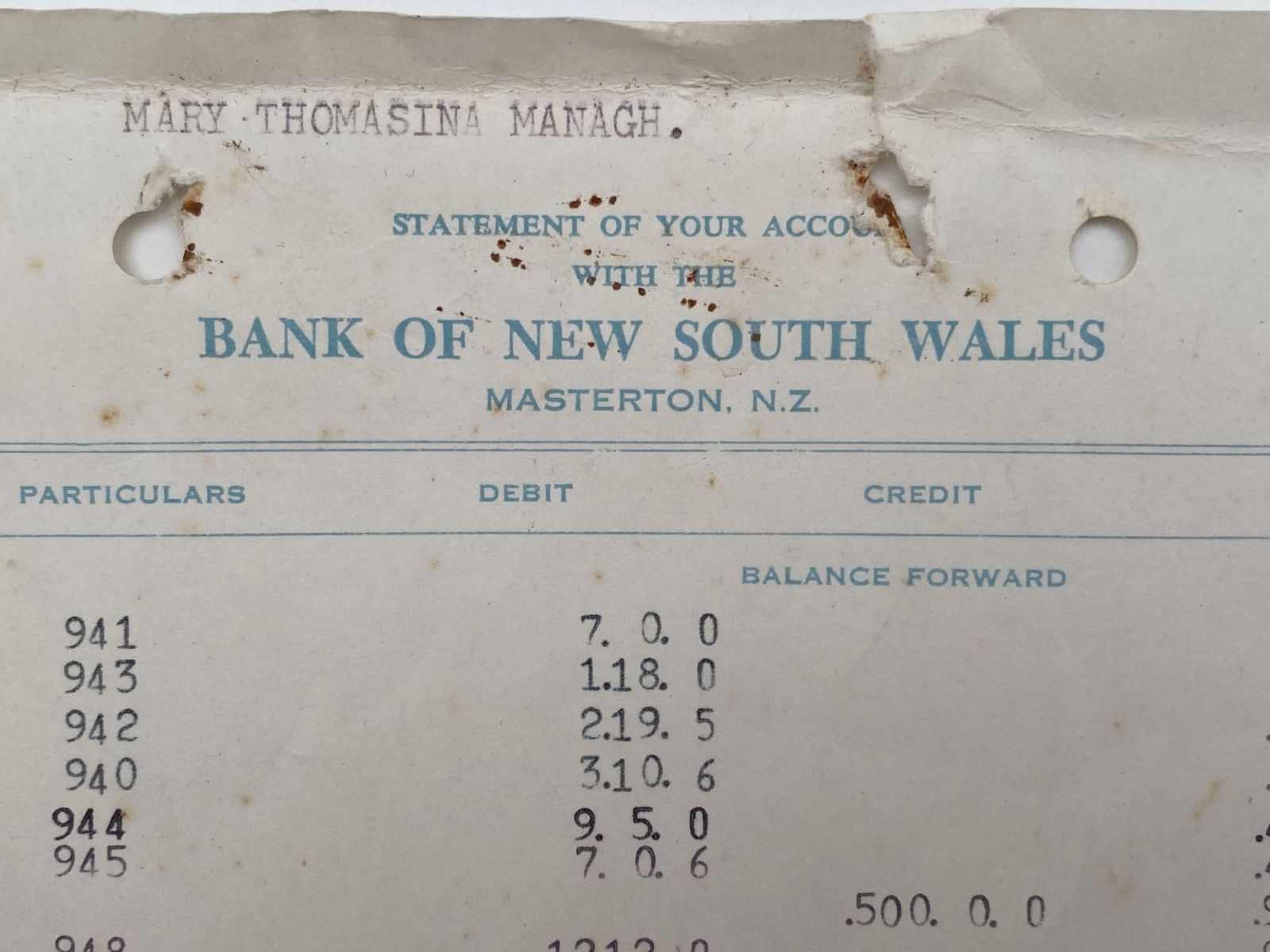 OLD DOCUMENT: Statement from Bank of New South Wales, Masterton 1965