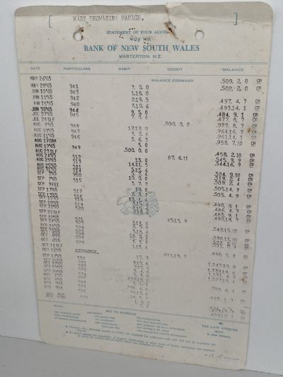 OLD DOCUMENT: Statement from Bank of New South Wales, Masterton 1965