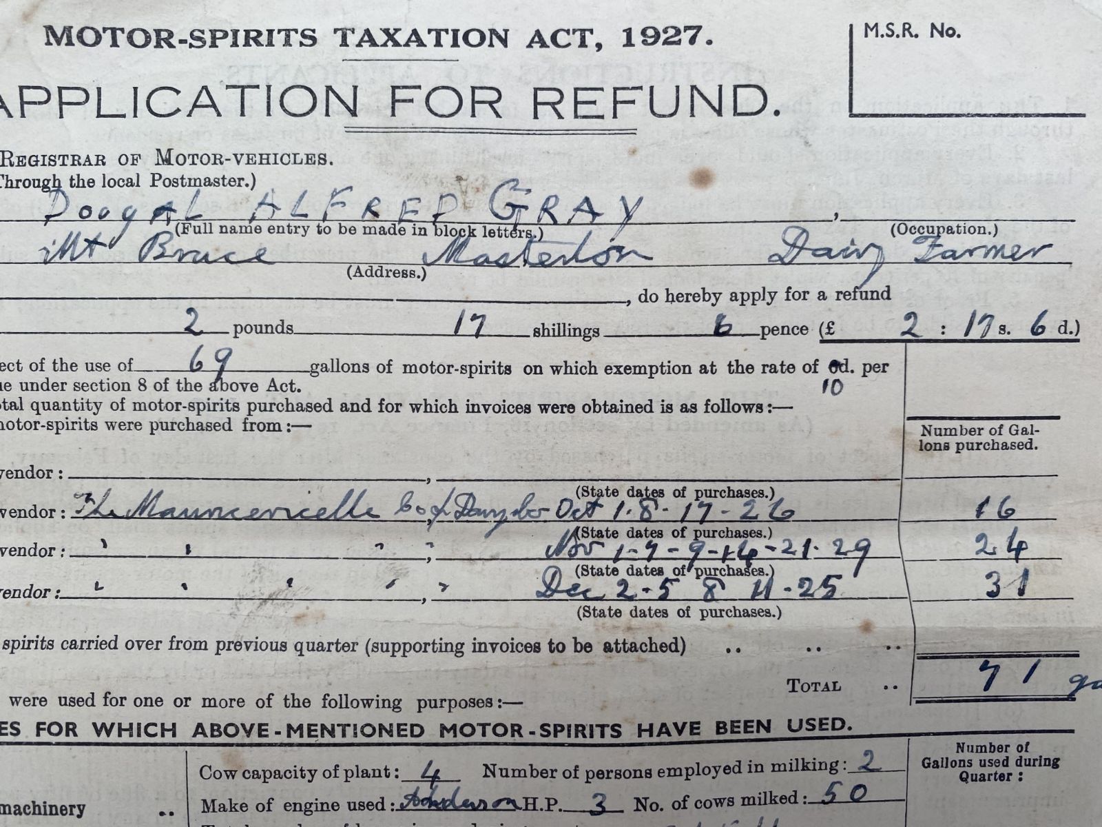 OLD DOCUMENT: Motor Spirits Taxation - Application for refund 1931