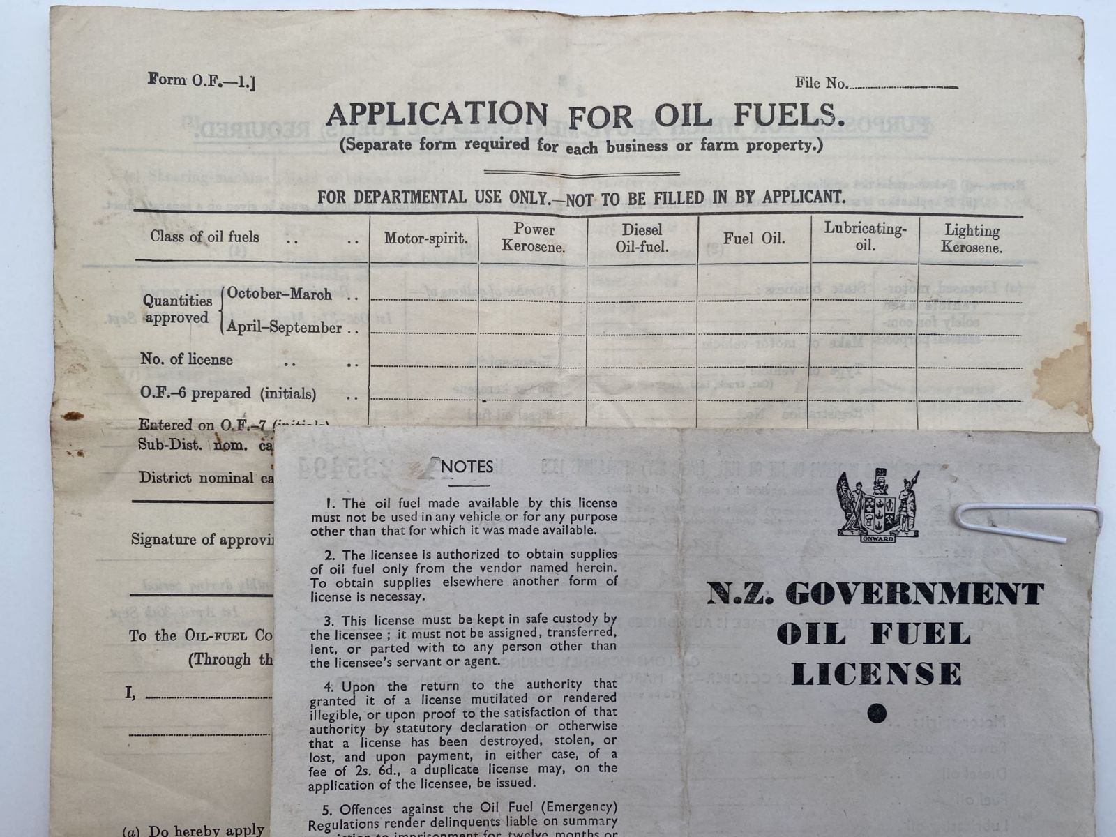 OLD DOCUMENT: New Zealand Government application + Oil Fuel License 1948