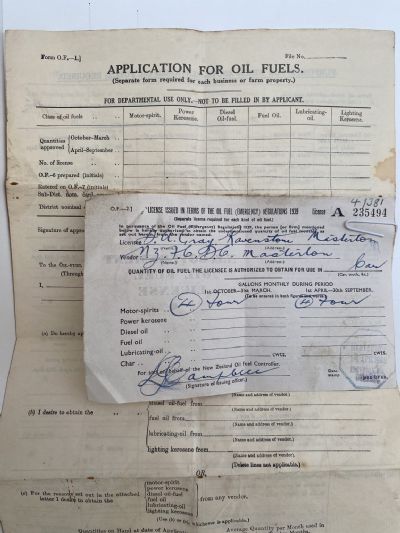 OLD DOCUMENT: New Zealand Government application + Oil Fuel License 1948