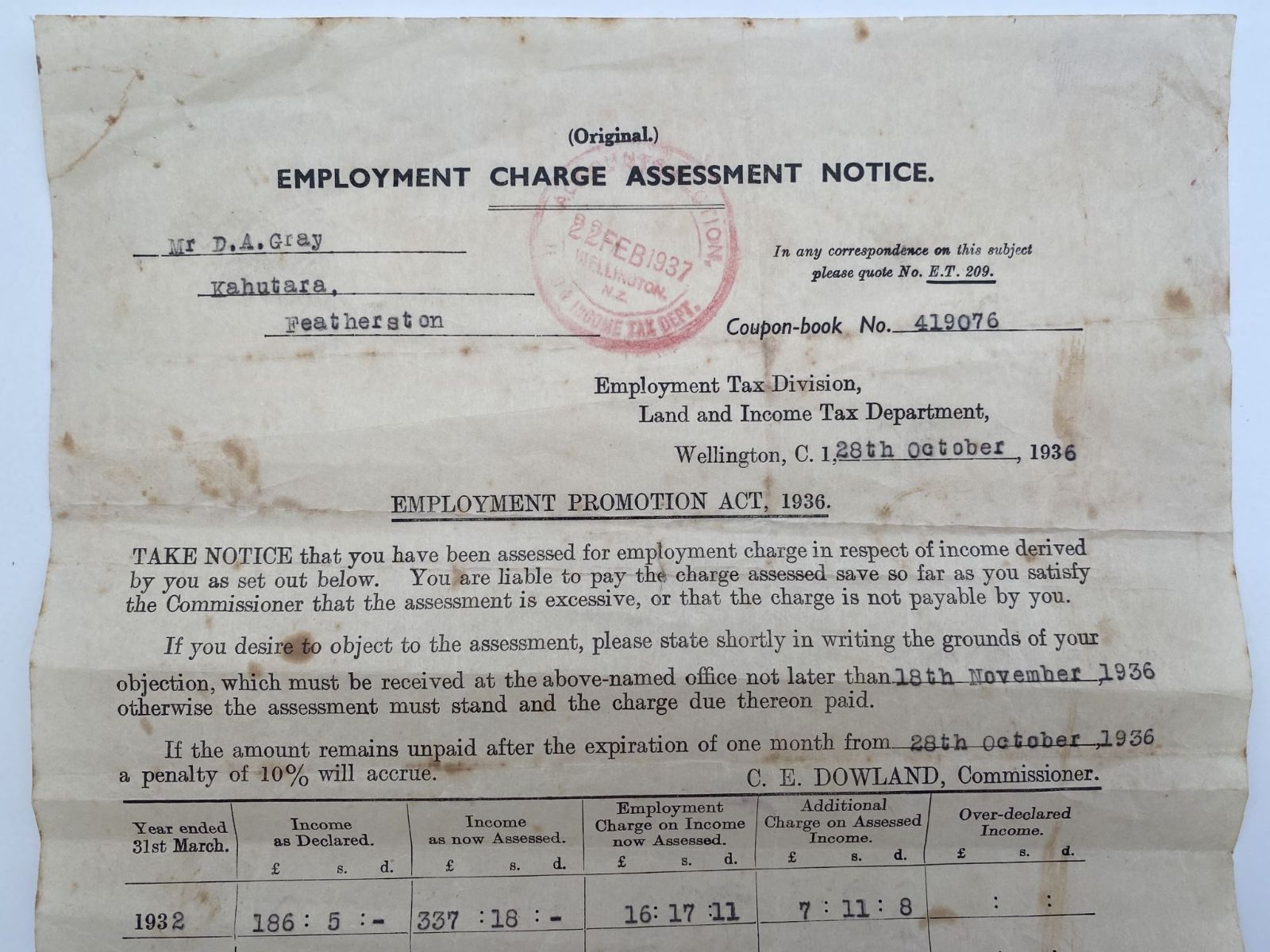 OLD DOCUMENT: Employment Charge Assessment Notice 1936