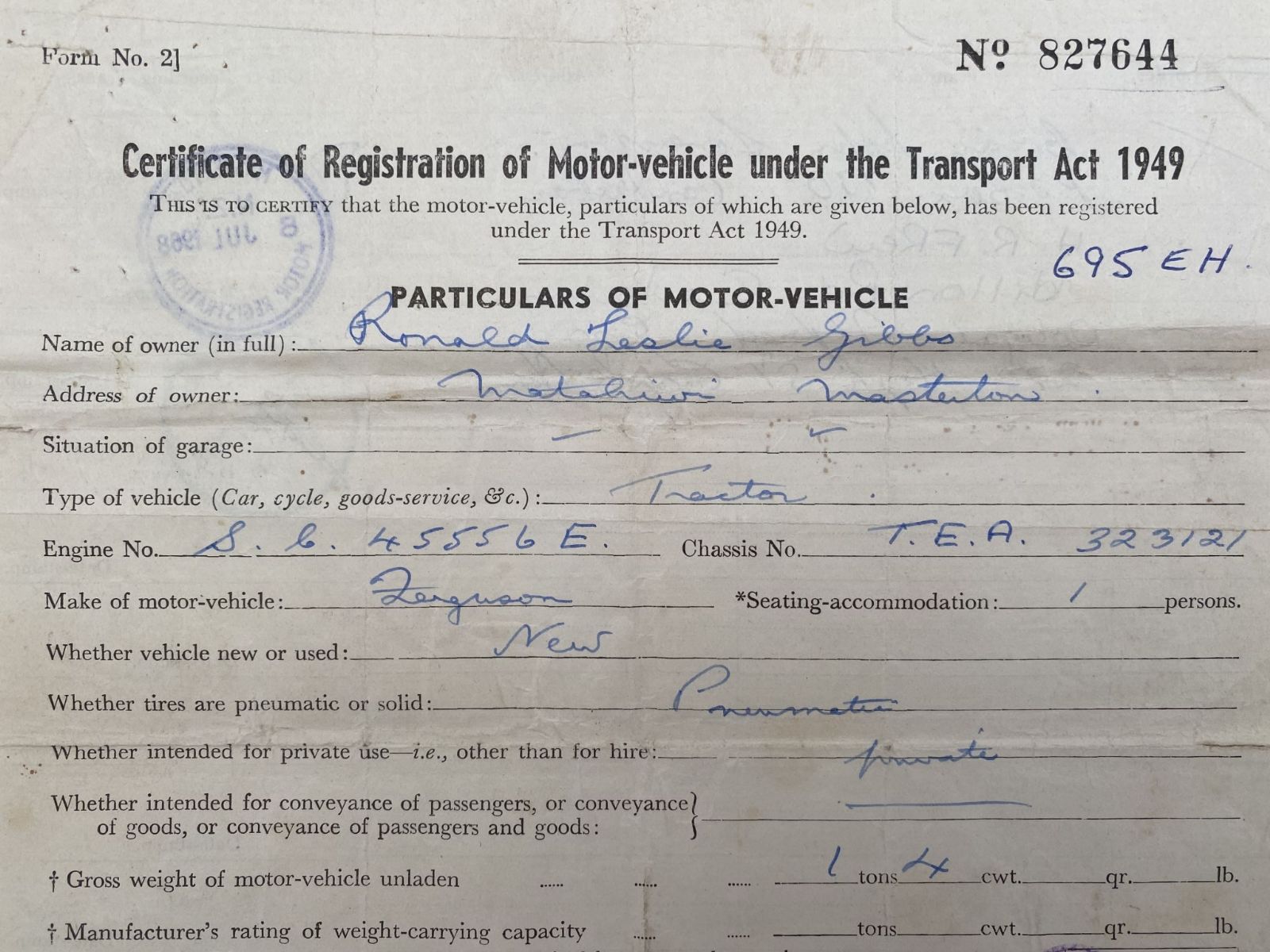 OLD DOCUMENT: Certificate of Registration of Motor Vehicle 1953