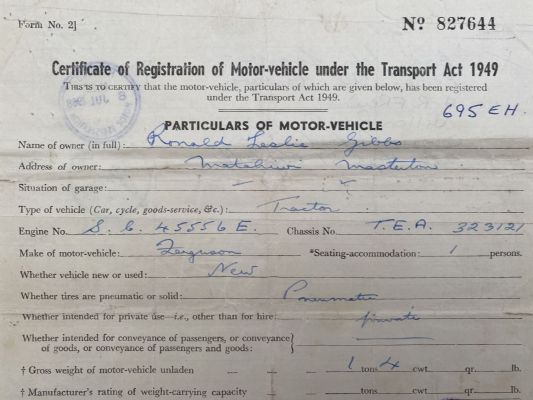 OLD DOCUMENT: Certificate of Registration of Motor Vehicle 1953 