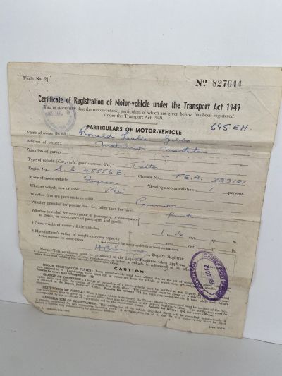 OLD DOCUMENT: Certificate of Registration of Motor Vehicle 1953