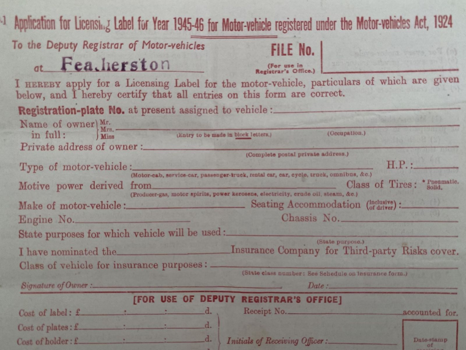 OLD DOCUMENT: Application to register Motor Vehicle 1945-46