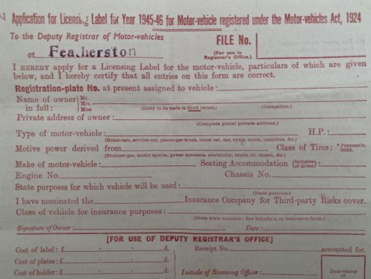 OLD DOCUMENT: Application to register Motor Vehicle 1945-46 