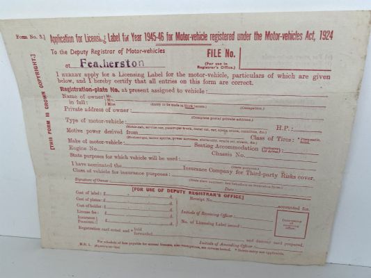 OLD DOCUMENT: Application to register Motor Vehicle 1945-46