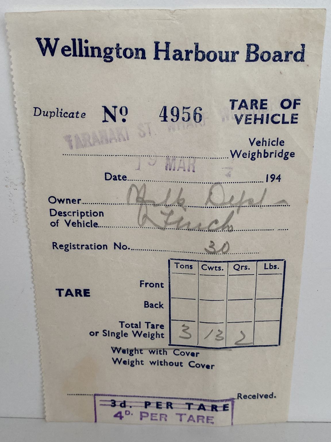 OLD RECEIPT: Wellington Harbour Board 1940s