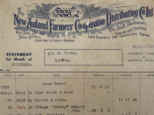 OLD INVOICE / RECEIPT: The NZ Farmers Co-operative Distributing Co. Ltd. 1936 