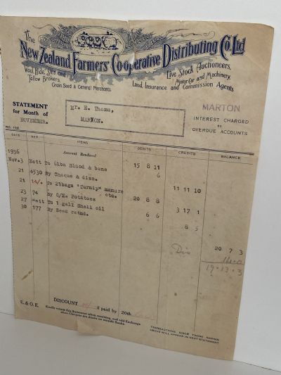 OLD INVOICE / RECEIPT: The NZ Farmers Co-operative Distributing Co. Ltd. 1936