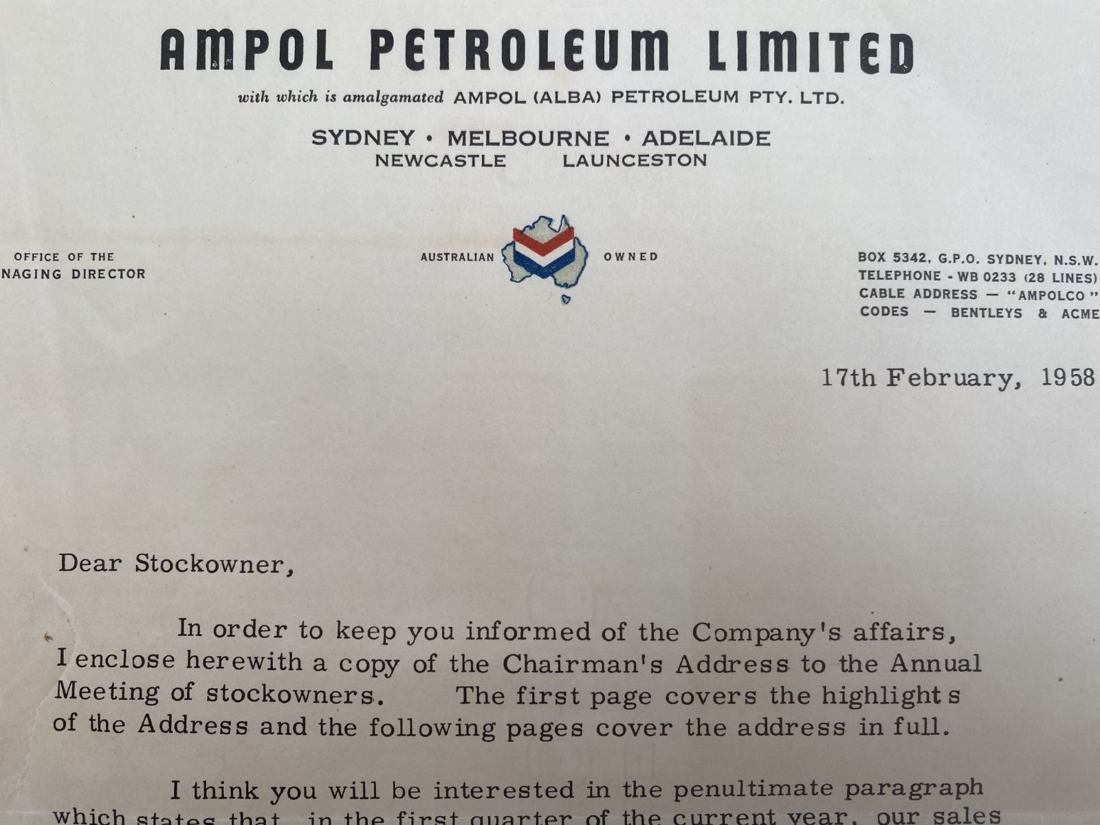 OLD LETTERHEAD: Ampol Petroleum Limited 1958