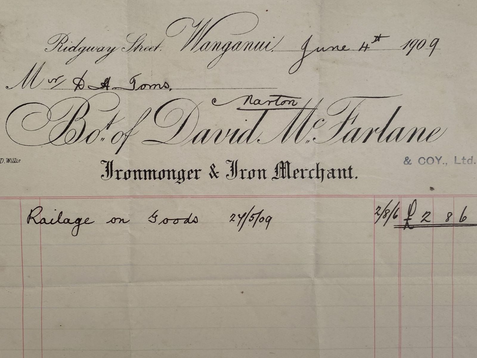 ANTIQUE INVOICE / RECEIPT: David McFarlane, Wanganui - Ironmonger 1909