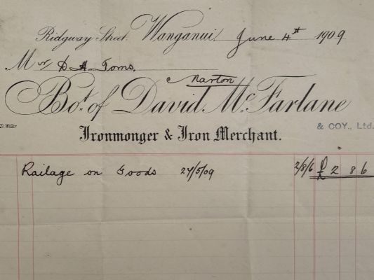 ANTIQUE INVOICE / RECEIPT: David McFarlane, Wanganui - Ironmonger 1909 