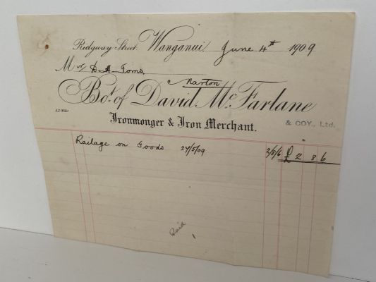 ANTIQUE INVOICE / RECEIPT: David McFarlane, Wanganui - Ironmonger 1909