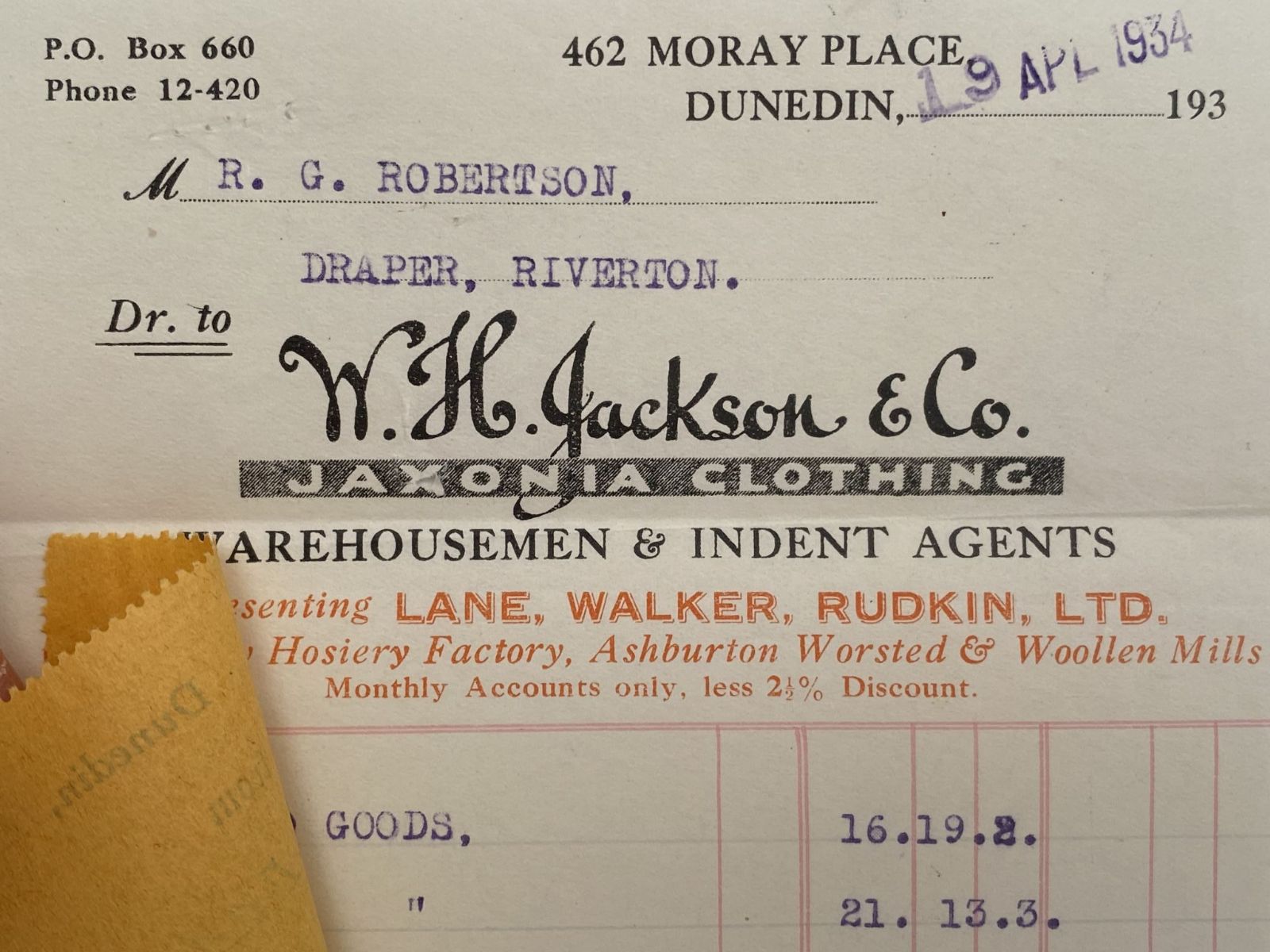 OLD INVOICE / RECEIPT: W. H. Jackson & Co. - Jaxonia Clothing 1934